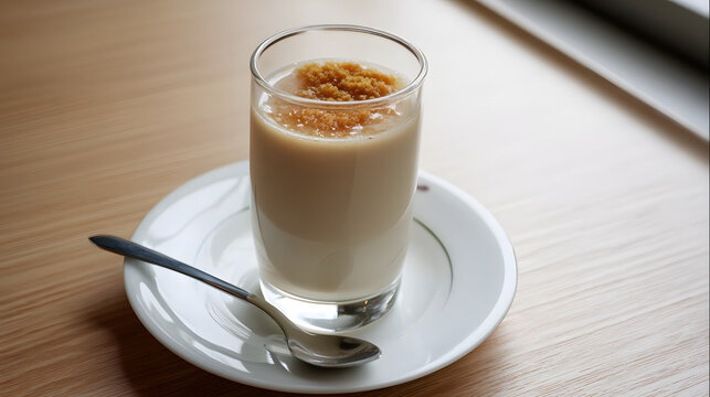 Warm Milk Drink with Kinako Topping in Glass on Wooden Table