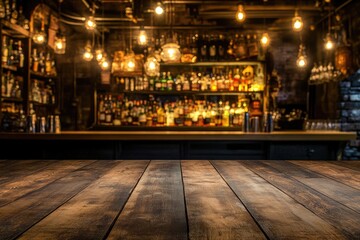 Rustic bar counter with wooden top and illuminated liquor display
