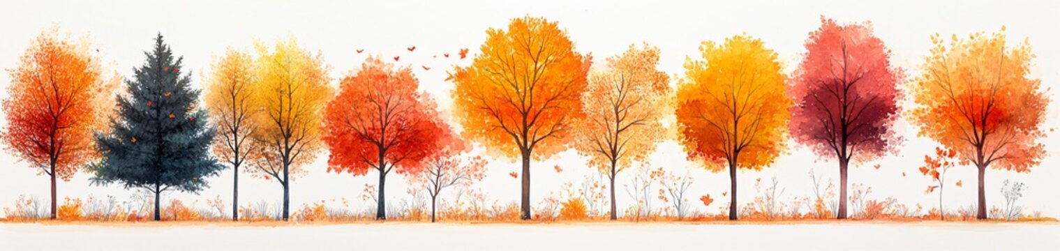Vibrant autumn trees against white. Perfect for Thanksgiving, fall designs, nature illustrations, serene backgrounds, and seasonal greetings. Isolated for easy use.