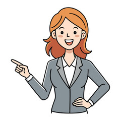 Business woman pointing finger at something. Happy face. Hand drawn style vector design illustrations. 