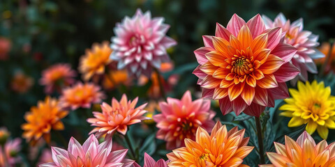 Fototapeta premium a lush garden scene filled with various types of dahlias. The flowers are arranged in a natural, slightly chaotic layout