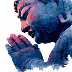 Serene blue and red watercolor painting of a meditating Buddha statue with hands pressed together in prayer.