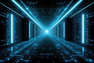 Fototapeta premium Abstract digital corridor with glowing blue lines and data streams, vanishing into bright light at the end