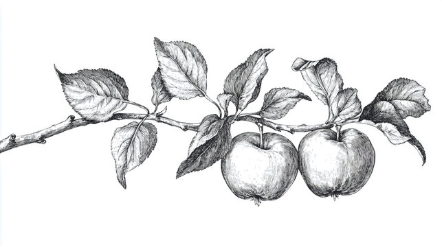 Hand-drawn vector illustration of an apple branch with leaves and apples, a set collection on a white background, in a vintage style, with a pencil drawing and line art
