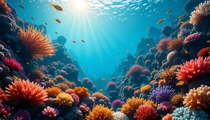 Obraz premium Sunlight filters through the turquoise ocean water, illuminating vibrant coral and yellow fish life.