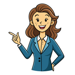 Business woman pointing finger at something. Happy face. Hand drawn style vector design illustrations. 