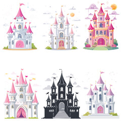 Obraz premium Collection of cute fairytale princess castles in different colors and styles for children book illustration.