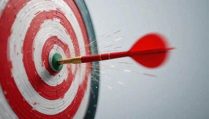 A red dart hits the center of a red and white bullseye target. Concept: Achieving a Goal.

