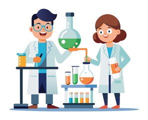 Vector of scientists or workers testing chemical liquids in an industrial lab, isolated on white background.
