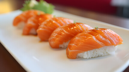 Fresh Salmon Nigiri Sushi Handcrafted with Precision and Elegance on a White Plate