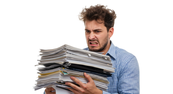 Man with curly hair holds a large stack of papers looking stressed and overwhelmed with work load on transparent background