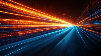 High speed light with blue and orange stripes in abstract, futuristic technological concept, showing motion blur against fast forward timeline background