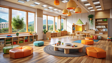 Wide child�s play and learning area interior showing toys, shelves, and creative layout