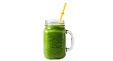 A mason jar filled with a vibrant green smoothie and a yellow straw ready to be enjoyed right away on transparent background