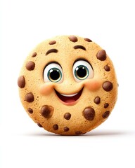 Fototapeta premium Happy Cartoon Chocolate Chip Cookie with Big Eyes on White Background