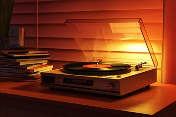Obraz premium A vintage vinyl record player with a stack of classic albums, warm lighting, retro ambiance, created by ai