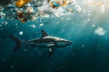 Obraz premium Shark Swimming Amid Floating Plastic Waste in Ocean Water