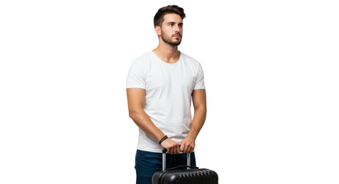 Man in white shirt with suitcase looking away in a travel themed isolated presentation style portrait on transparent background