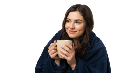 Portrait of a woman wrapped in a blanket holding a mug and smiling with a thoughtful expression on transparent background