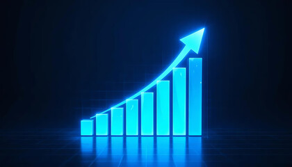 A glowing bar chart shows an upward trend with a rising arrow. Concept: Business Growth.

