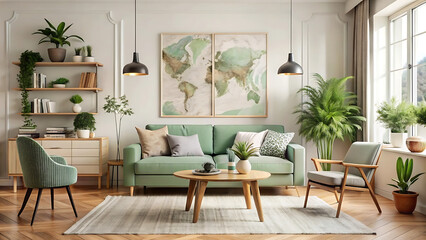 Modern scandinavian styled living room with mint design elements and soft neutral tones