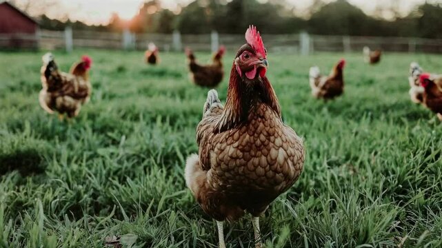 A low-angle video shot of chickens roaming freely in a grassy field at sunset, highlighting the vibrant colors and natural setting.