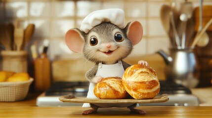 Obraz premium Cute mouse chef holding freshly baked bread
