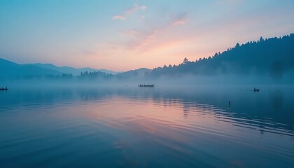 Obraz premium A serene landscape with a tranquil lake shrouded in mist at dusk or dawn, creating a peaceful scene.
