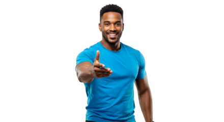 Man in blue shirt extending hand with a smile and looking at the viewer with a friendly expression on transparent background