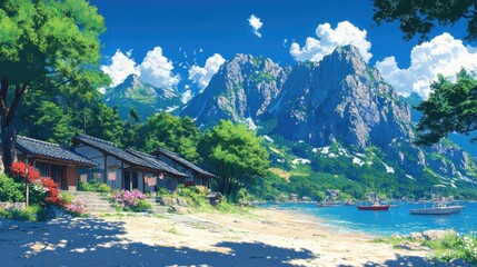 Idyllic coastal village nestled at the foot of majestic mountains, with boats anchored