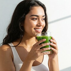 Woman about to drink a green smoothie. Beautiful healthy smiling woman holding and about to drink an organic green smoothie. Isolated on white
