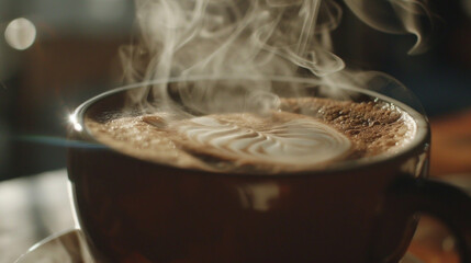 Warm steaming cup of coffee with latte art cozy cafe beverage
