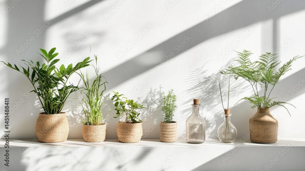 Poster a serene display of various indoor plants arranged on a shelf with soft shadows cast by sunlight