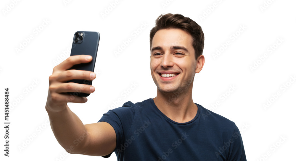 Poster man with cellphone smiles while holding it up for a selfie or video call, looking at the screen on t