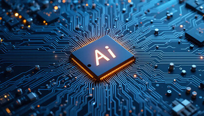 Glowing AI chip on a complex circuit board. Concept: Artificial Intelligence Hardware.

