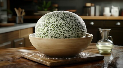 Cantaloupe in wooden bowl kitchen setting