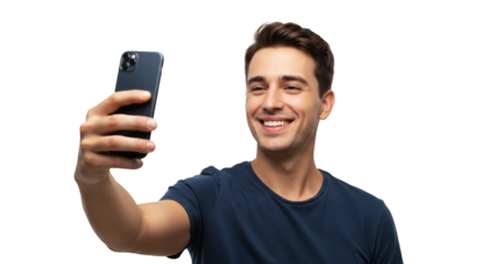 Man with cellphone smiles while holding it up for a selfie or video call, looking at the screen on transparent background