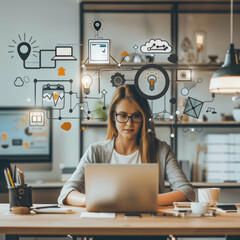 Woman concentrated on laptop with creative design elements