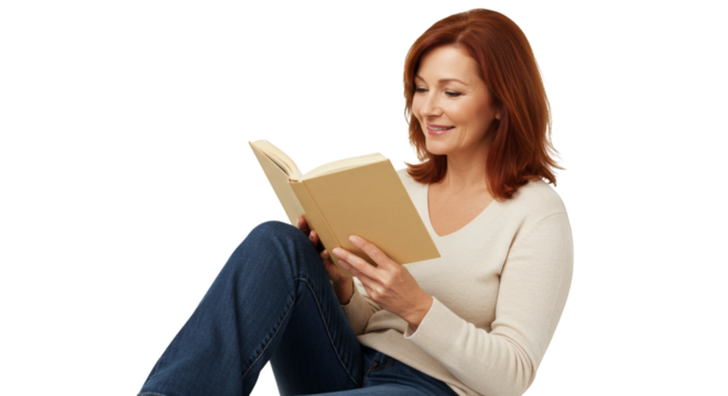 Woman with auburn hair reading a book while sitting and smiling in a casual setting indoors alone on transparent background