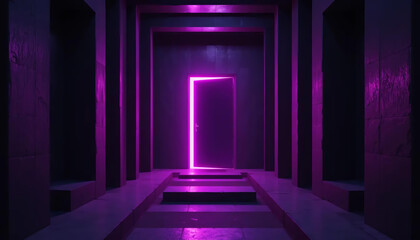 A glowing purple doorway beckons from a dark hallway. Concept: Mystery and Intrigue.

