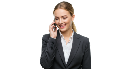 Smiling woman in business attire conversing on a mobile phone with a joyful expression visible now on transparent background