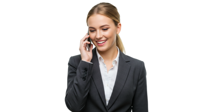 Smiling woman in business attire conversing on a mobile phone with a joyful expression visible now on transparent background