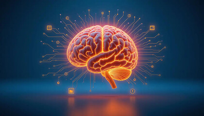 A glowing brain, ablaze with neural pathways, represents intelligence. Concept: Artificial Intelligence.

