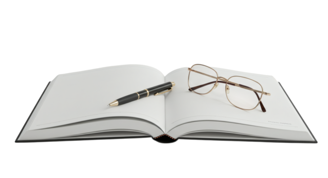 Open book with blank pages, a pen resting on the pages, and eyeglasses placed on the right side on transparent background