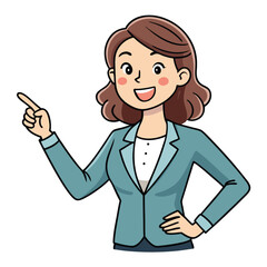 Business woman pointing finger at something. Happy face. Hand drawn style vector design illustrations. 