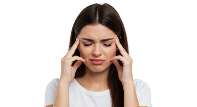 Woman with closed eyes holding her temples appearing stressed or experiencing a headache or migraine on transparent background
