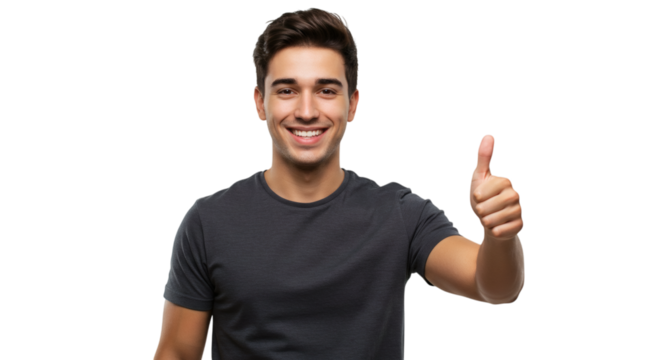 Man in gray shirt smiling and giving a thumbs up gesture with his right hand showing approval sign on transparent background