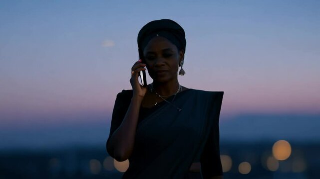 Nigerian woman in iro and buba walks confidently, facing the camera against a city skyline at twilight, rim light, dolly zoom out video