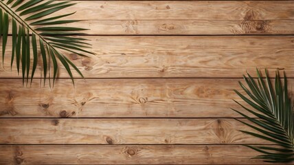 top view of soft brown table with high resolution texture and palm leafs shadows, summer table background with empty space for text or design, soft cozy sunny table backdrop, wooden texture seamless