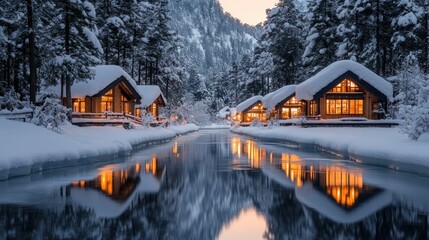 Fototapeta premium Winter wonderland: Reflections of cozy cabins along a snow-covered waterscape